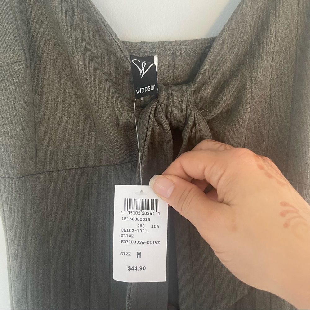 NWT Windsor Front Slit Maxi Dress Button Ribbed Spaghetti Strap Olive Tie Front - Picture 10 of 15